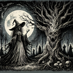 A striking, cinematic illustration of a witch standing beside a...