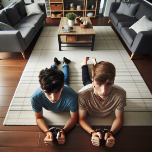 two white male youth handcuffed laying face down in a living roo...