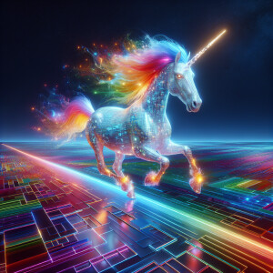 In a surreal dreamlike scene, an AI-generated unicorn with shimm...