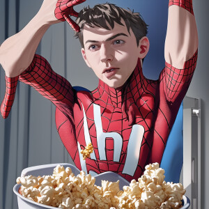 Newborn baby in spiderman costume, eating popcorn, photorealisti...