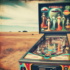 Faded color film photograph of a pinball machine in the middle o...