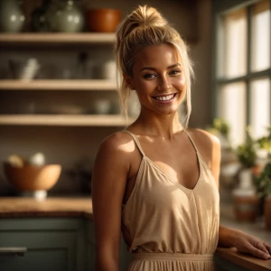 “A young, fit woman with blonde hair styled in a high ponytail,...