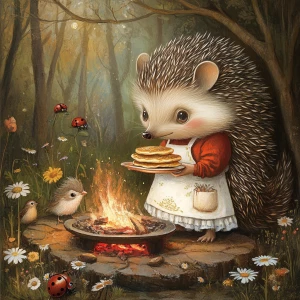 A hedgehog with a sweet expressive face, large eyes and a smile,...