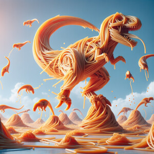 Spaghetti dinosaurs performing stunts that defies gravity, ultra...