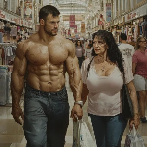 Hyperrealism art,A muscular man, glistening with sweat, walks wi...
