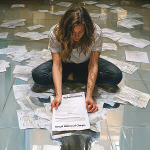 Generate an image of a weary, woman with brown hair streaked wit...