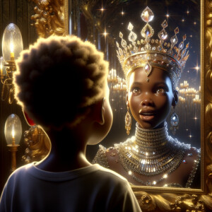 In a 3-D realistic world, a beautiful African-American child stands before a mirror. Her eyes widen as she gazes at her reflection, for the mirror reveals not just her own image but a majestic adult queen. The queen’s skin glows with regal elegance, her features exuding grace and wisdom. She wears a crown adorned with shimmering jewels, each gem reflecting the light like a thousand stars.
The child’s wonder deepens as she realizes that the queen in the mirror is none other than her future self—a powerful ruler who wears her heritage with pride. The mirror whispers secrets of destiny, urging her to embrace her potential and become the queen she sees.
And there, in this magical moment, the child and the queen share a silent pact: to honor their roots, uplift their people, and wear their crowns with unyielding strength.