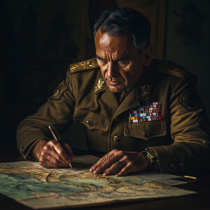 brown skinned, middle aged man, general in an army, strategizing...