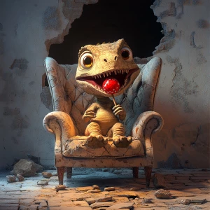 A cute, expressive young,  little dinosaur with a guilty expression, expressive eyes,  is sitting on a vintage oversized quilted reading chair. He has a red lollipop in his hand and is licking it. His tongue shows that he is licking the lollipop. The scene is shown in dark lighting with the light accented on the dinosaur. The scene is shown through a hole in the wall. The floor part of the scene is vintage cobble stones. The hole in the white plaster wall is realistic with some cracks.