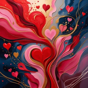 "Create an abstract art piece that embodies the essence of Valentine's Day through a fusion of swirling, vibrant colors. Use bold, flowing reds, soft pinks, and glints of gold to evoke warmth and passion. Incorporate fluid shapes and dynamic lines that intertwine and overlap, suggesting tender embraces and heartfelt connections. The interplay of light and shadow should hint at the depth of emotion and the multifaceted nature of love, inviting viewers to feel the ambiance of romance through an abstract lens."