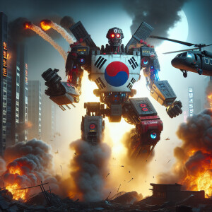 South Korea as a transformer character, adorned with national em...