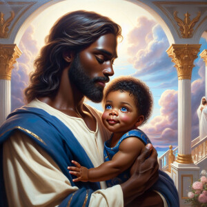 Classical oil painting style depicting an African-American Jesus...