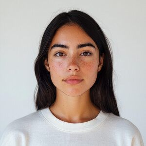 A 21-year-old woman with a clear, modest expression, brown skin...