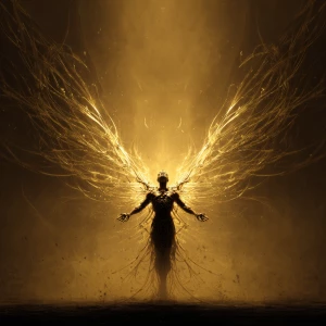 This striking image depicts a powerful, winged figure against a...