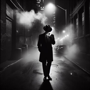 In a dimly lit alley, a mysterious figure stands under a flicker...