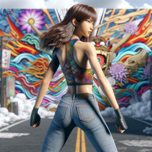 Athletic Thin skinny Attractive, Asian teenage girl, long brown hair and bangs, wearing tight skinny jeans and a halter top paint marks on her clothing, heroic pose Asian graffiti background, backside view