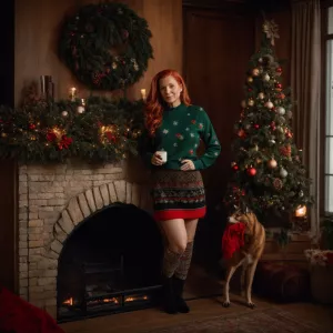 A 45-year-old woman with ginger hair in a ponytail, wearing an u...