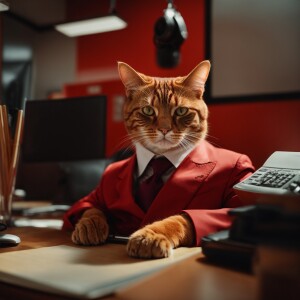 Red cat working as office man