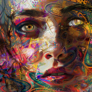 A straight-on, eye-level realistic digital portrait of a woman a...