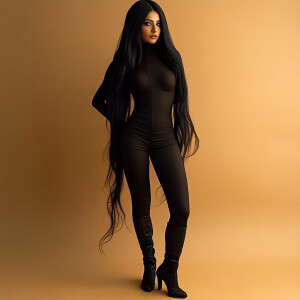 A 25-year-old Indian woman featuring long black hair and grey ey...