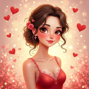 A beautifully illustrated Valentine's Day card featuring a charming young woman with a warm, loving expression. She has soft, glowing skin, sparkling eyes, and a gentle smile. She wears a romantic red or pink dress adorned with delicate lace or floral patterns. Her hair is styled elegantly, with soft curls or a braided updo, complemented by subtle accessories like heart-shaped earrings or a rose tucked behind her ear. The background is dreamy and festive, decorated with floating hearts, glowing fairy lights, and a soft bokeh effect in shades of pink, red, and gold. The card design includes elegant calligraphy with a heartfelt Valentine's Day message, adding to the warm and affectionate atmosphere.