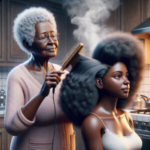 Create a realistic 3-D image of an african-American grandmother in the kitchen with her african-American granddaughter. The grandmother has a hot comb in her hair and she is straightening her granddaughters hair. One side of her granddaughters hair is in  a Afro the other is bone straight 
There is smoke coming from the hot comb