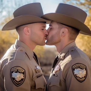 Two male sheriff's deputies in uniform sharing a kiss.