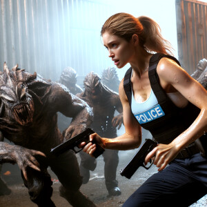 A blonde female police officer wearing a tank top engaged in com...