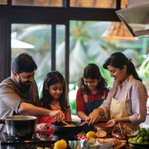 A joyful Indian family, consisting of parents and their girl and...