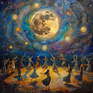 The dance of stardust souls under the full moon—a cosmic tapestr...