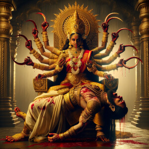 portrait of angry looking, four-armed indian goddess sitting on...
