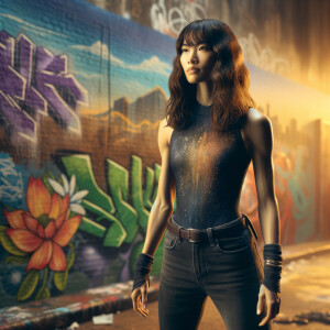 Athletic Thin skinny Attractive, Asian teenage girl, long brown hair and bangs, wearing tight skinny jeans and a halter top paint marks on her clothing, heroic pose Asian graffiti background, backside view