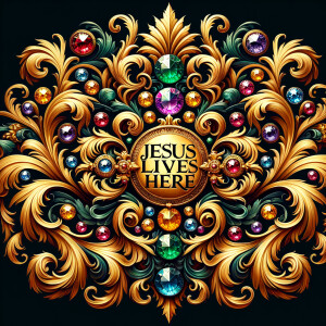 Create an opulent and intricately detailed artwork that captures the essence of baroque style. The image should be centered around an elaborate and elegant inscription that says "Jesus Lives Here" in stylized, golden script. This central message should be framed by an abundance of swirling, golden acanthus leaves that embody the grandeur of baroque ornamentation. Adorning this lush foliage, a dazzling array of multi-colored gemstones, including rubies, sapphires, emeralds, and amethysts, should glint and sparkle with realistic light reflections. These jewels
 should vary in cut and size, adding to the richness and depth of the image. The overall piece should radiate a sense of divine opulence and splendor.