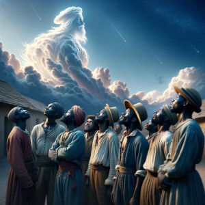 Slaves from the 1600s looking up at a cloud formation, the cloud...