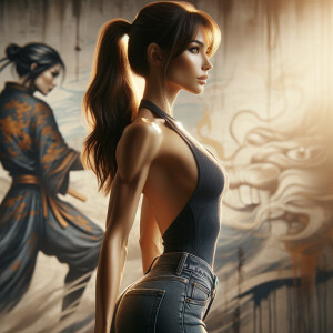 Athletic Thin skinny Attractive, Asian teenage girl, long brown hair and bangs, wearing tight skinny jeans and a halter top paint marks on her clothing, heroic pose Asian graffiti background, side view