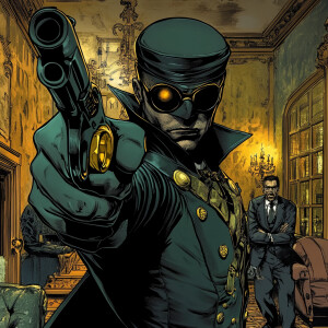 a superhero who has a revolver and is dressed in a noir detectiv...
