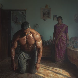 Hyperrealism oil painting  ,a indian  muscular beefy  sweaty man...