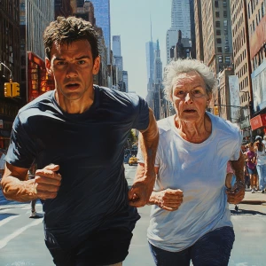 Hyperrealistic painting, a muscular, perspiring man jogging alon...