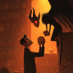 "A regular-sized man gently lifting a small female demon with el...
