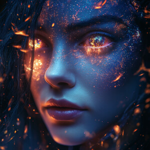 Create an ultra-realistic, eye-level portrait of a cosmic witch,...