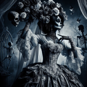A stunning Corpse Bride, her porcelain skin aglow under a haunti...