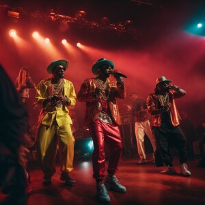 Hip-hop gremlins in colorful outfits and striking jewelry perfor...