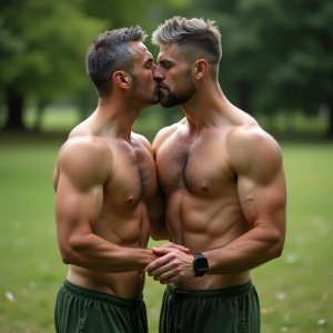 Two men kissing both men have gray hair and have muscles in the...