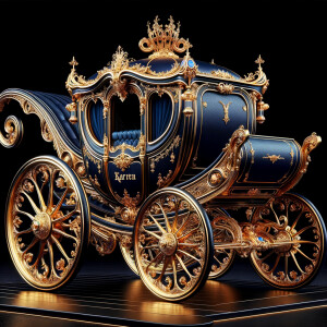 "Design an elaborate baby carriage fit for royalty, with an elegant royal blue body and shimmering gold details. The carriage features exquisite golden ornamentation, with wheels that are masterpieces of craftsmanship, adorned with intricate lace-like filigree patterns. On the side panel of the carriage, the name 'Karen' is inscribed in an ornate, golden script that matches the opulence of the vehicle. The interior is visible, lined with a luxurious material that invites one to sit in comfort and style. The overall design exudes a sense of grandeur and fairytale magic, as if it has rolled out of a storybook page."