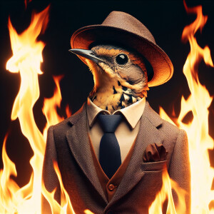 Bird in business suit and hat stay in flame