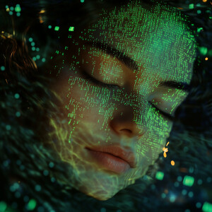 A hyper-realistic close-up of a young woman's face, her eyes clo...