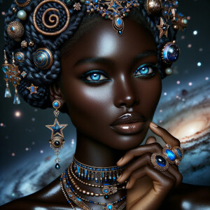 "Create a portrait of a regal African-American woman with an ethereal and cosmic theme. Her skin is a glossy ebony, with a smooth and flawless finish that reflects light. Her eyes are a striking electric blue, like sapphires, with a makeup that accentuates their shape and the intensity of their color. Her hair is styled into an intricate array of braids, coils, and twists that cascade down and frame her face, adorned with beads and jewels that catch the light. She wears an elaborate headdress made of swirling patterns and motifs that evoke the mysteries of the universe, studded with shimmering stones and intricate enamel work in hues of blue and gold. Her attire consists of a cascade of layered necklaces and a majestic, shoulder-grazing earring, each piece detailed with a mix of precious stones, metals, and intricate beadwork. The background is a tapestry of stars and nebulas, suggesting a connection to the cosmos. Her pose is serene, with a hand gracefully touching her chin, adorned with rings that complement her other jewelry, all coming together to suggest an aura of wisdom and grace."