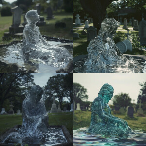 Create an image of a woman made entirely of glass, filled with w...