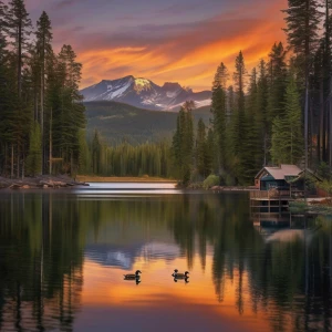 A large, still lake surrounded by pine trees and framed by distant mountains. The water’s surface is like glass, reflecting the fiery colors of a sunset. A family of ducks paddles peacefully near a small wooden dock.