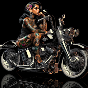 Creat a masterpiece of a beautiful purter rican woman with tattoos sitting on a shiny black Harley Davidson